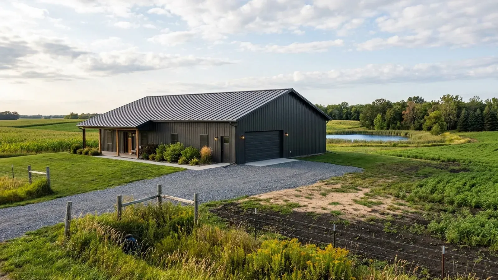 A completed 40x60 barndominium showing a residential entry on one end and a wide shop door on the other under one continuous roof.