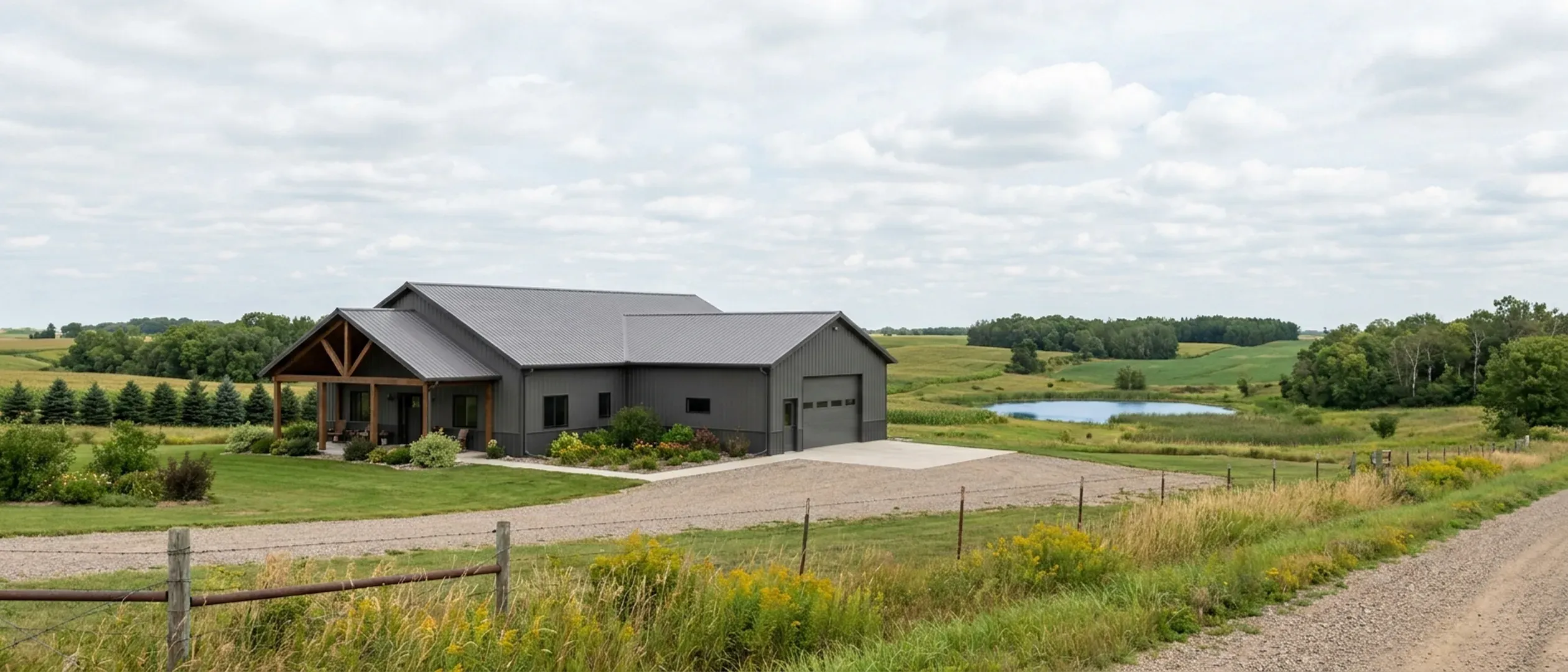 A completed barndominium with a covered entry porch and an attached shop bay, photographed in flat overcast daylight in rolling farm country.