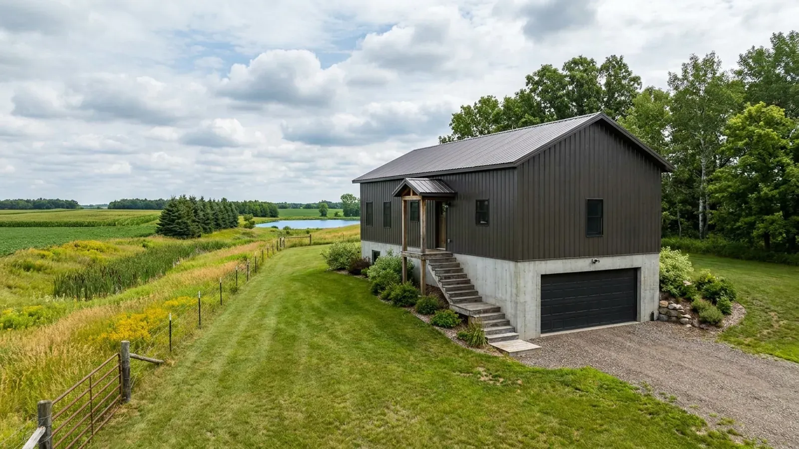 A barndominium raised on a stem-wall foundation with steps up to the entry and enclosed storage space beneath the elevated floor.