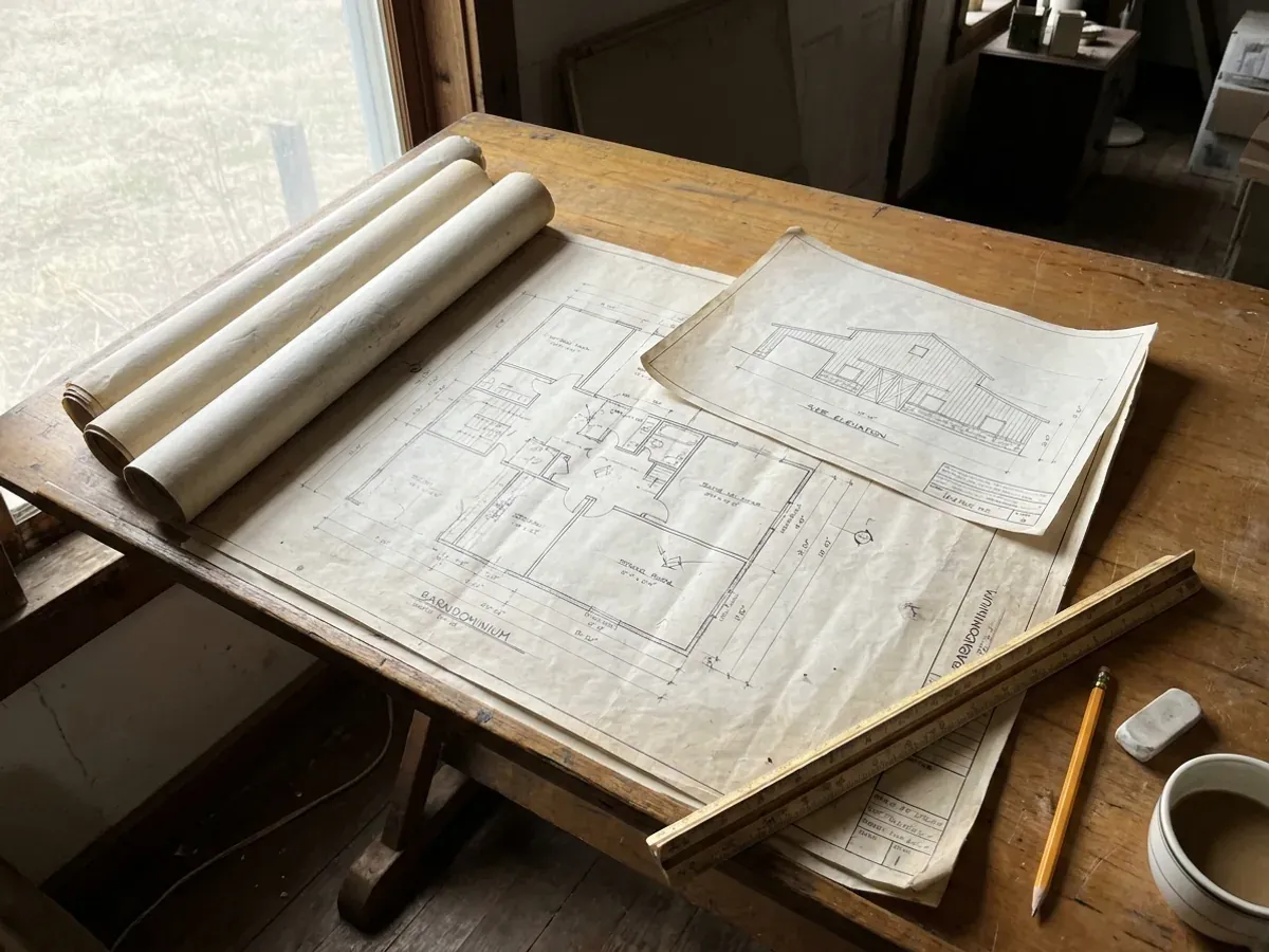 Barndominium floor plan and elevation drawings laid out on a drafting table with a scale rule.
