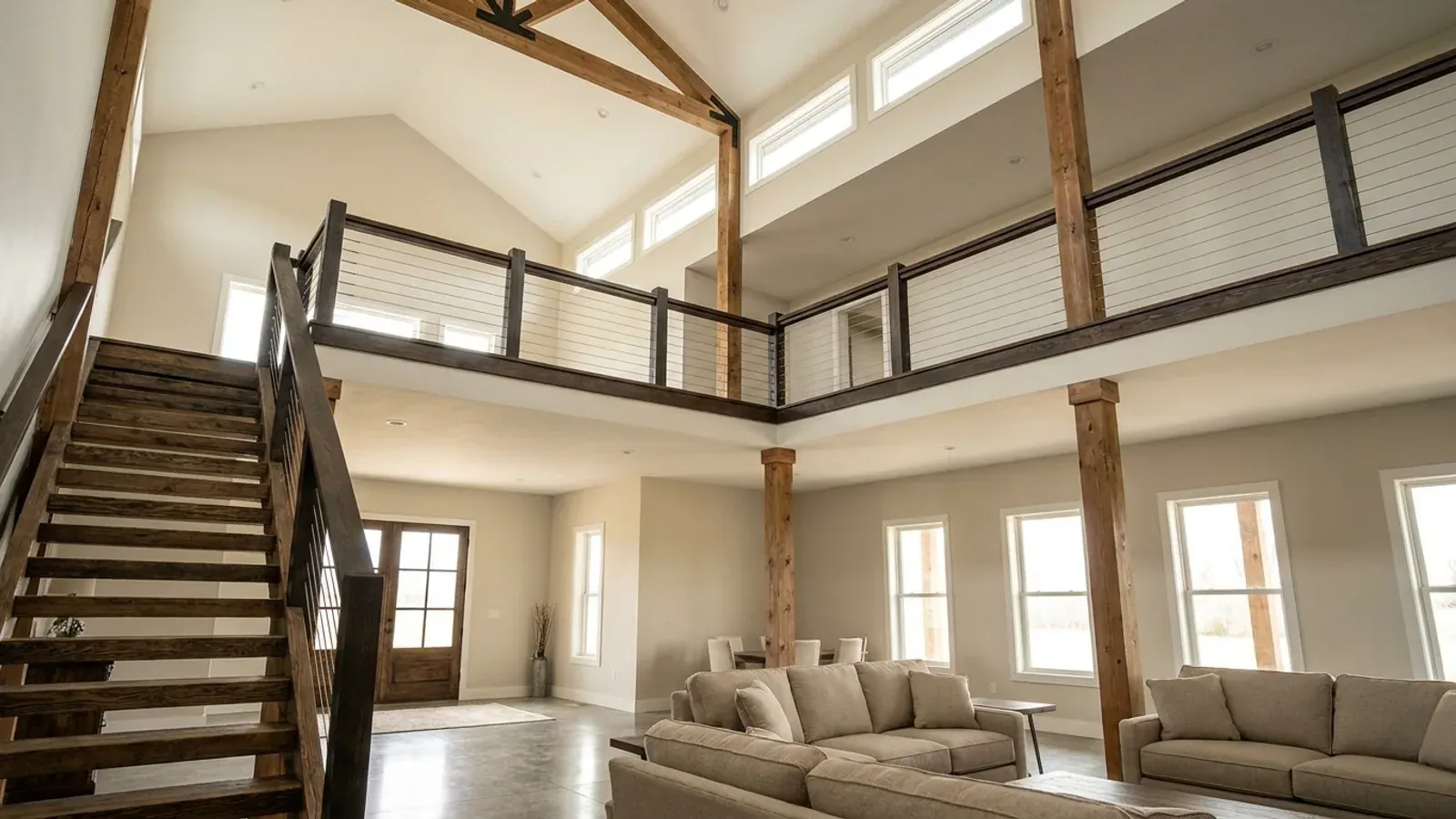 A barndominium great room with an open loft level and railing built over part of the room, reached by an open staircase.