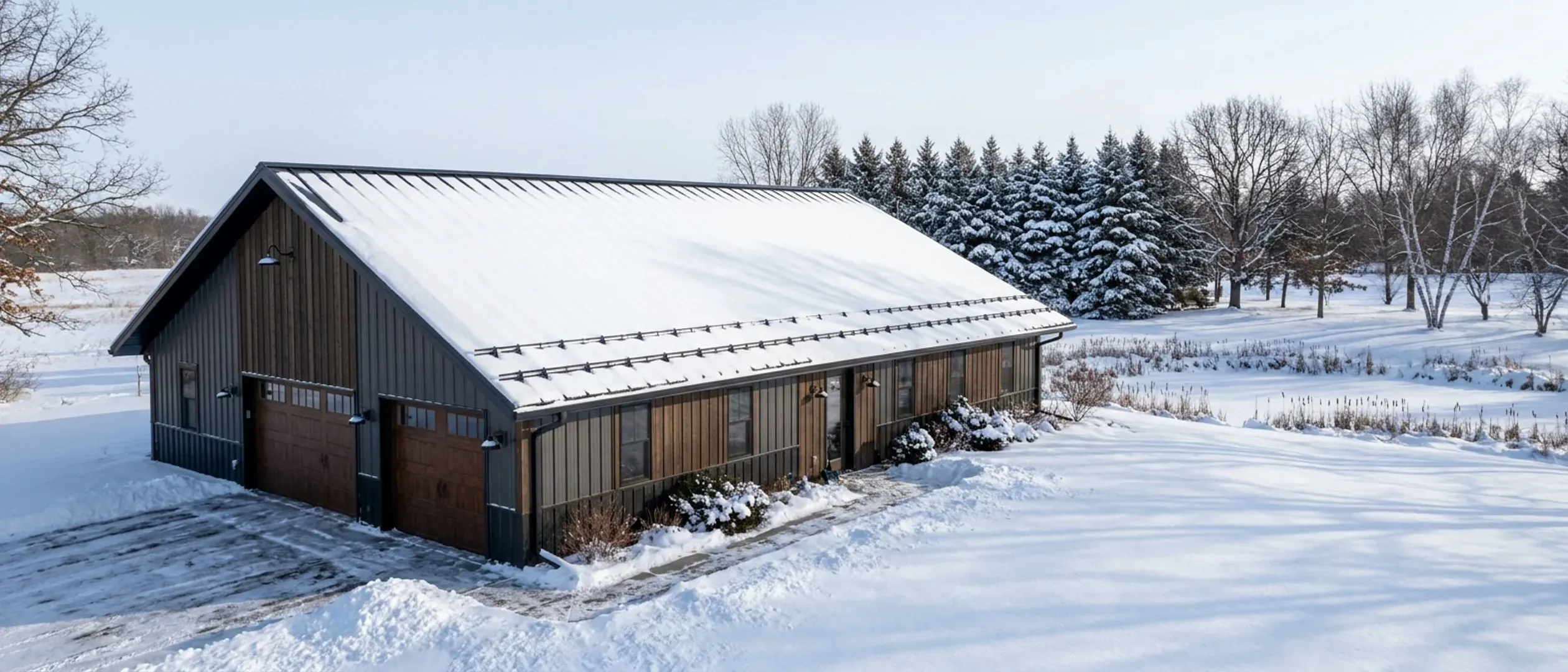 A completed barndominium in winter with snow on its standing seam metal roof, snow guards and gutters, and snow-covered fields and a spruce windbreak behind.