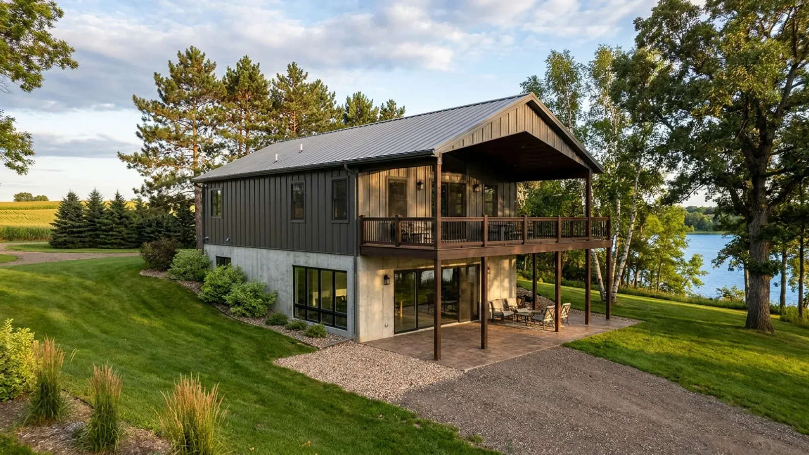 A barndominium with a walkout basement built into a slope that falls toward a lake, the lower level opening onto a patio at grade, with pines and birches behind.