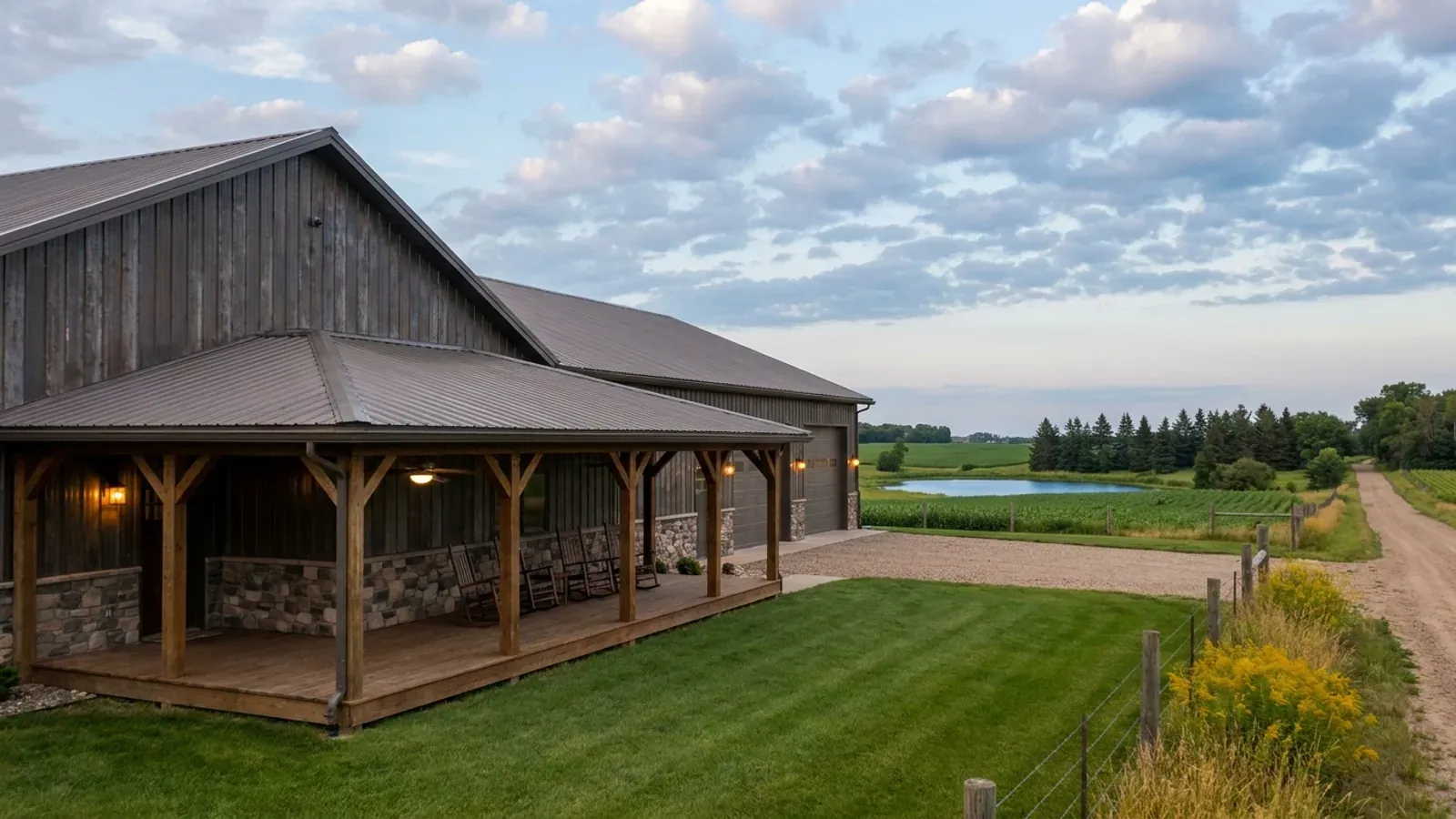 A barndominium exterior showing a deep wrap-around covered porch with posts and railing along two sides of the building.
