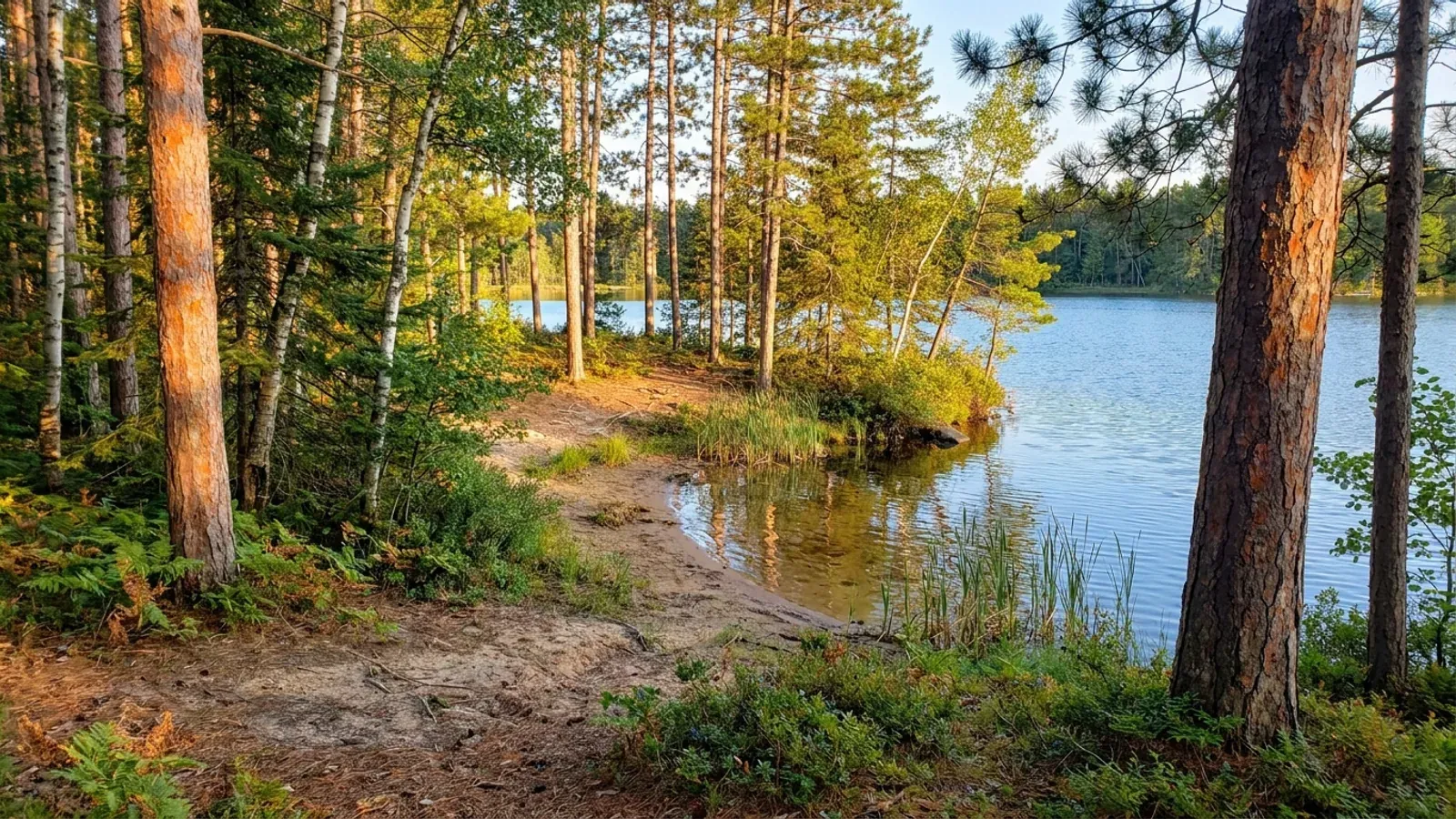 A clear lake in central Minnesota lake country, its shore wooded with tall red and white pines, paper birch and aspen.