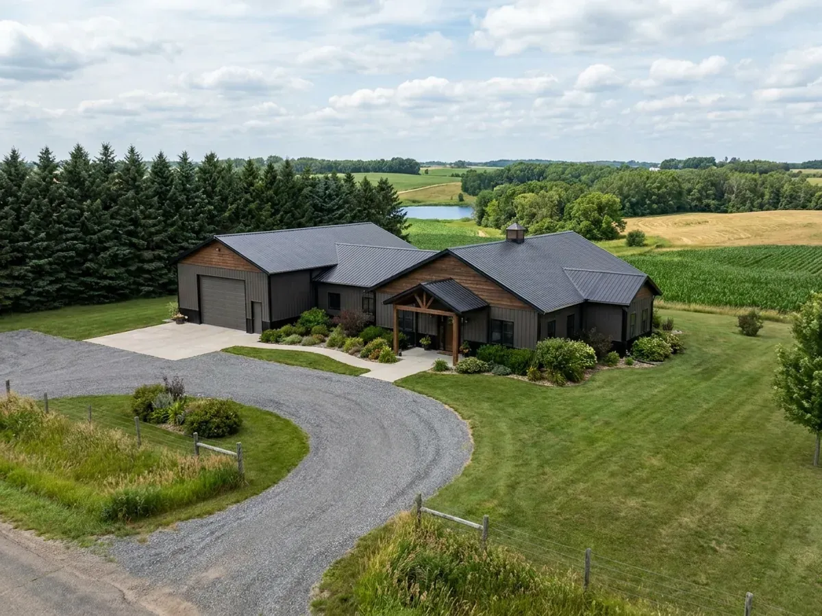A completed barndominium home viewed from the front corner, with finished landscaping, a covered entry porch, an attached shop bay and a spruce windbreak.