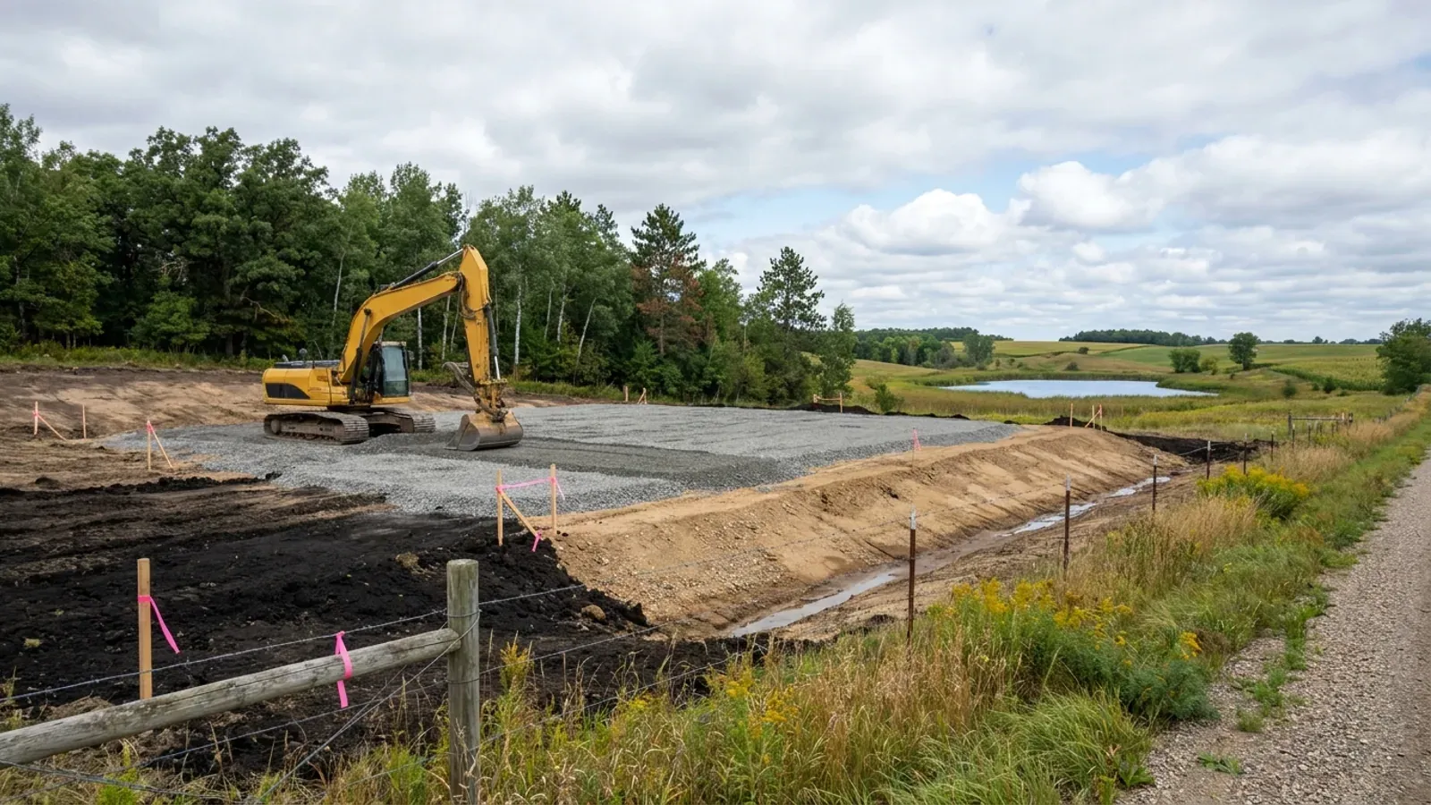 An excavator grading a compacted gravel building pad on a cleared lot, with survey stakes, a drainage swale and an oak and aspen treeline behind.