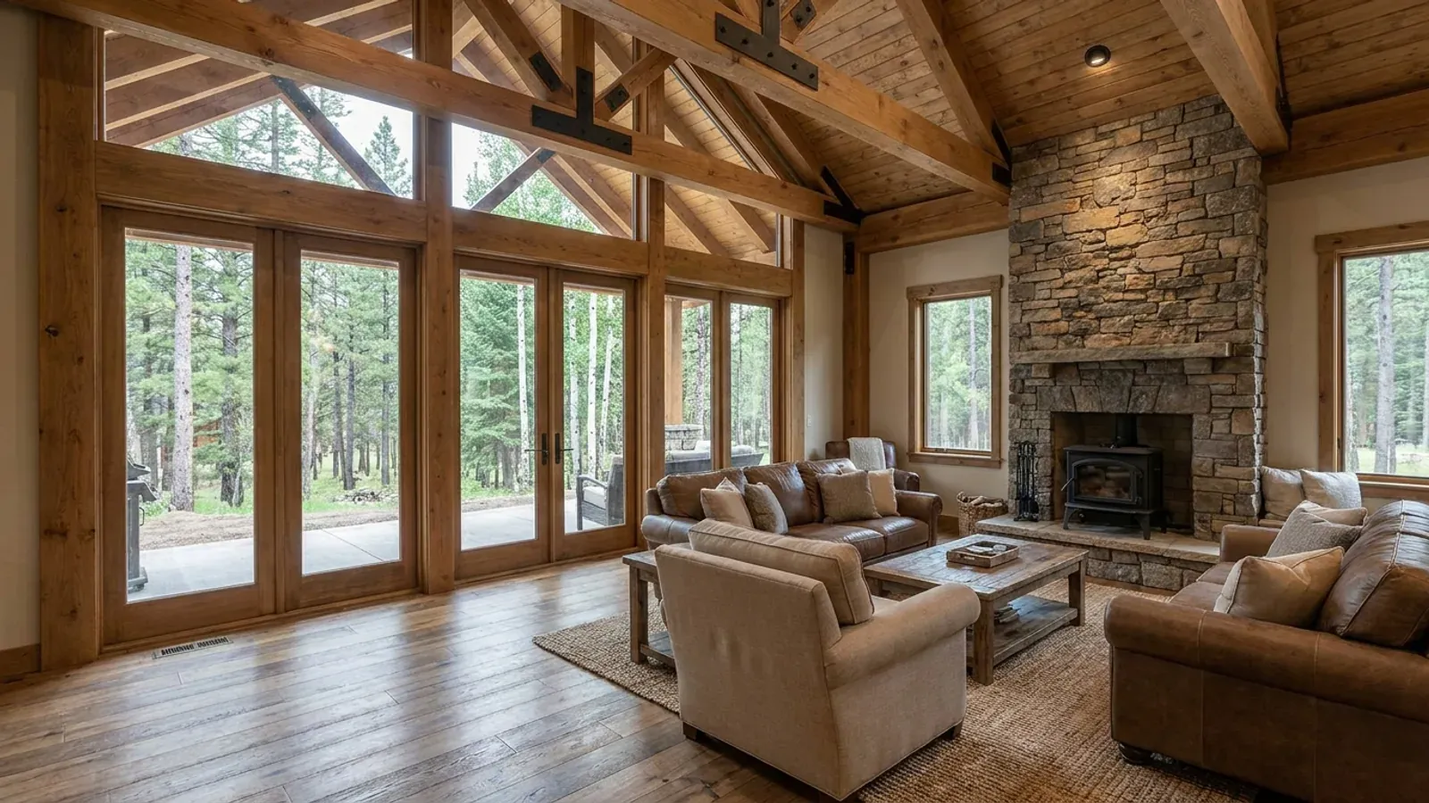 A vaulted barndominium great room with exposed wood trusses, a wall of glazed doors, and a stone-clad fireplace.