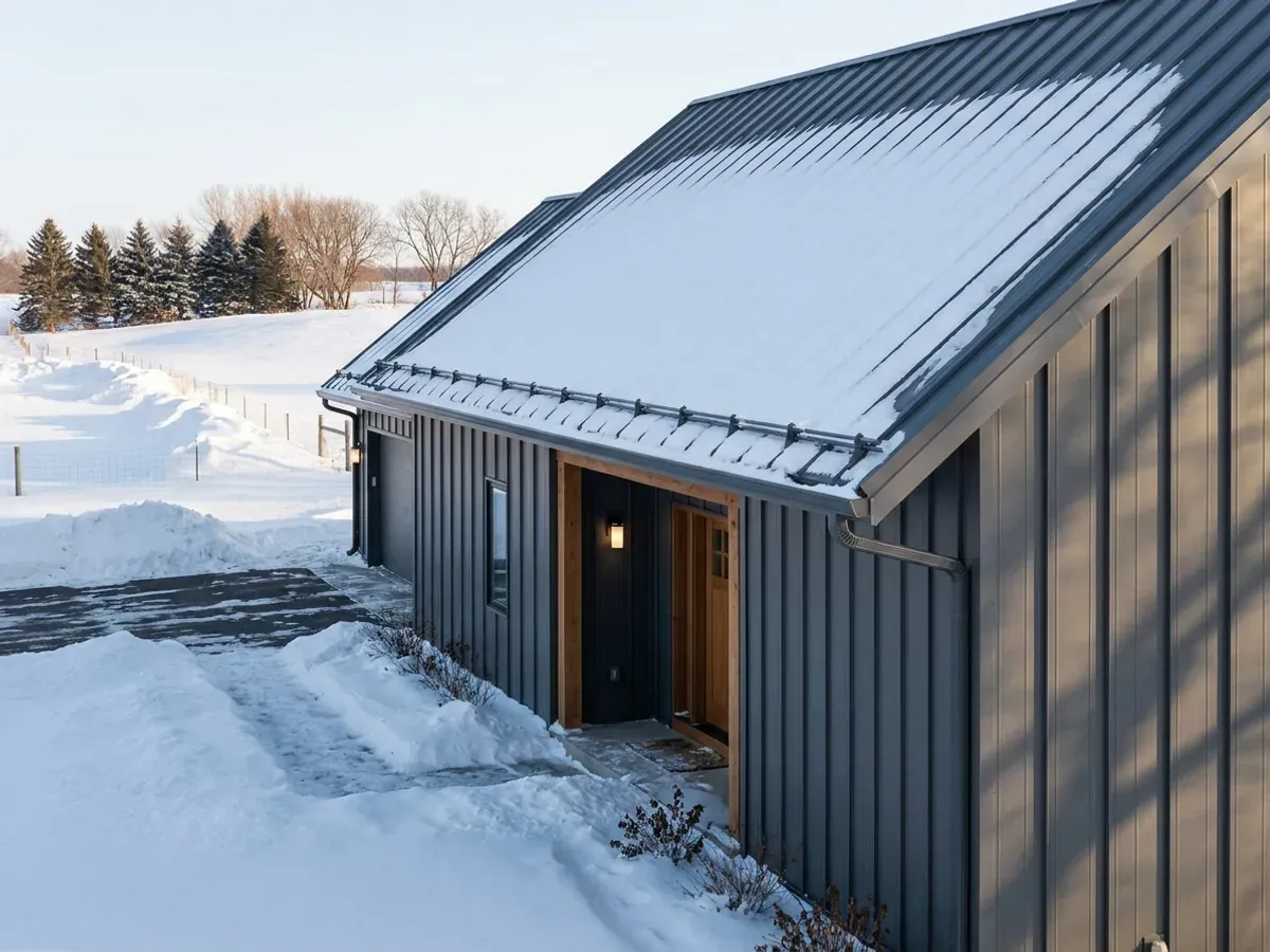 Exterior detail of a metal-clad home in winter, showing a standing seam roof with snow guards, vertical wall panels and snow on the ground.