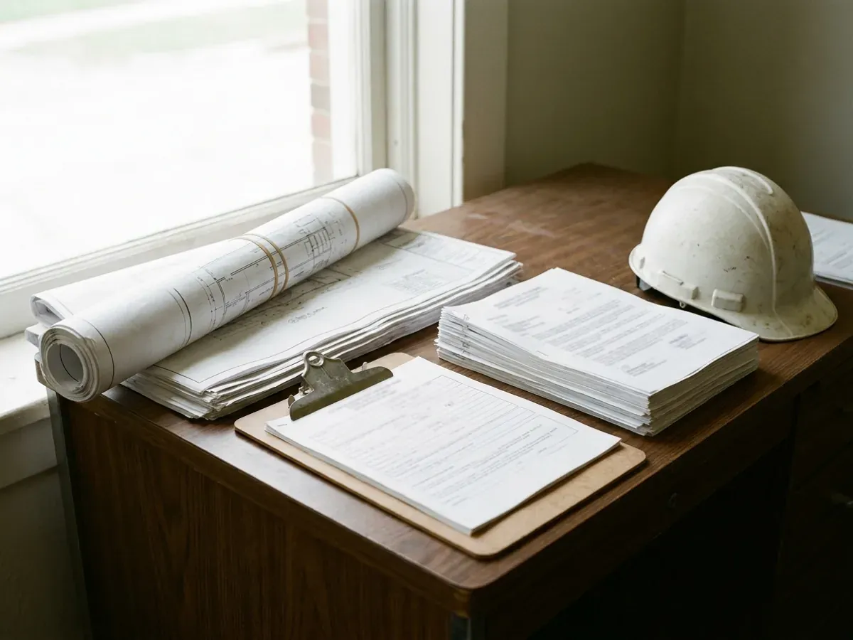 A building permit submittal package on a desk with rolled construction drawings, forms on a clipboard, and a hard hat.