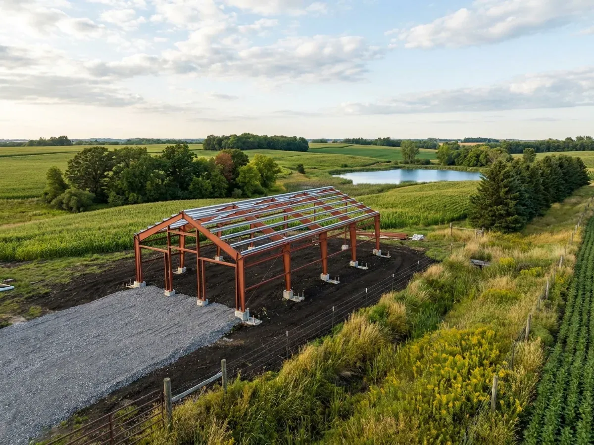 A red oxide primed structural steel frame partly erected on a cleared building pad, with purlins across the rafters and farm fields and a small lake beyond.