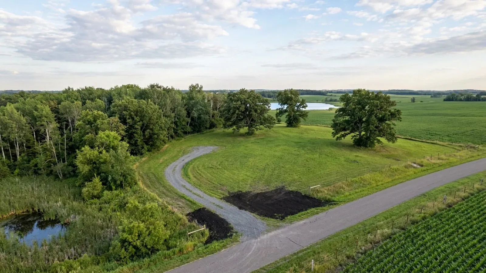 Aerial view of an undeveloped rural lot with scattered bur oaks, a gravel access track, a woodlot and marsh along one side and cropland and a lake beyond.