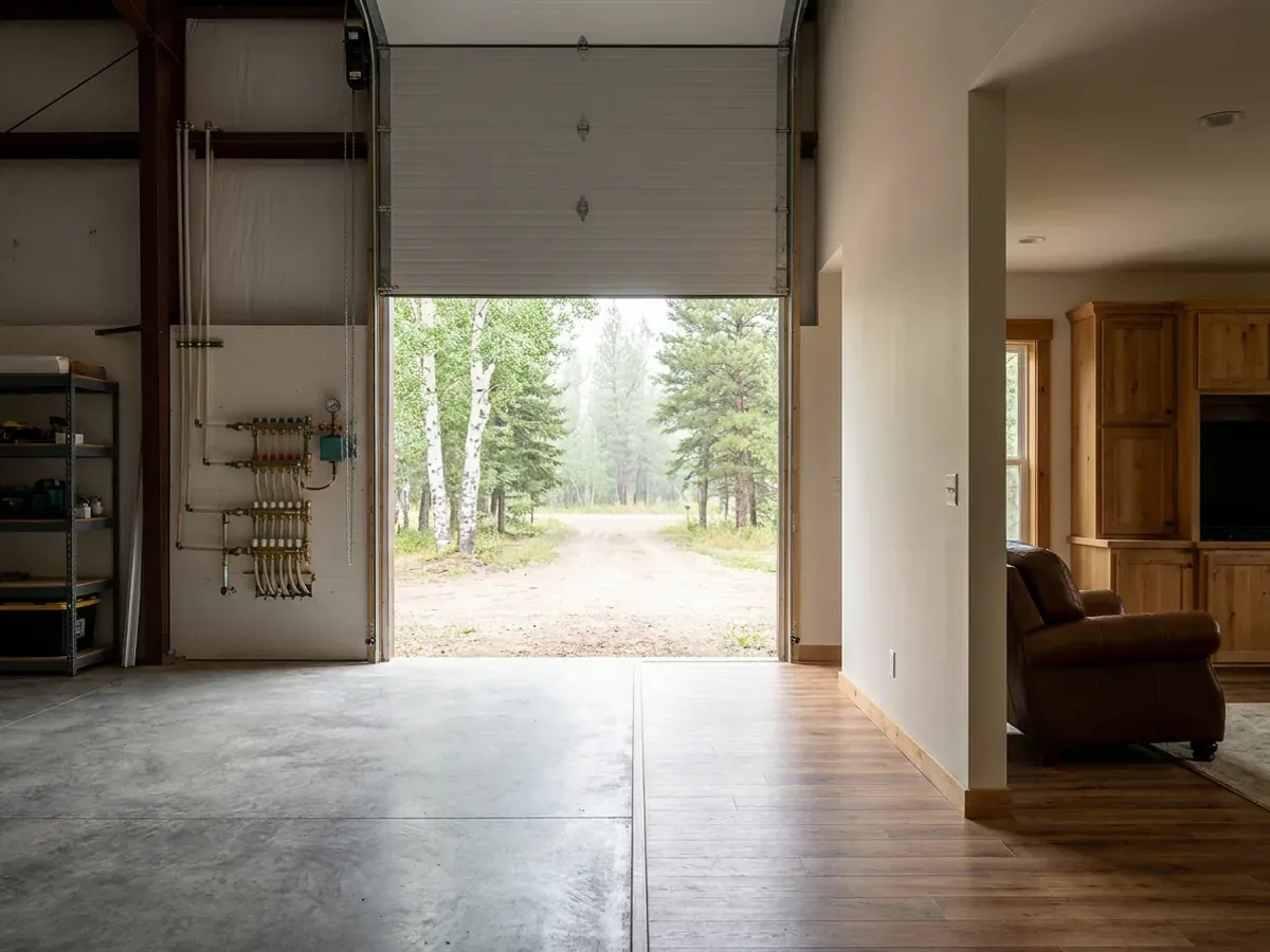 The interior of a shouse where a finished living area with warm flooring meets a shop bay with polished concrete and a tall roll-up door.