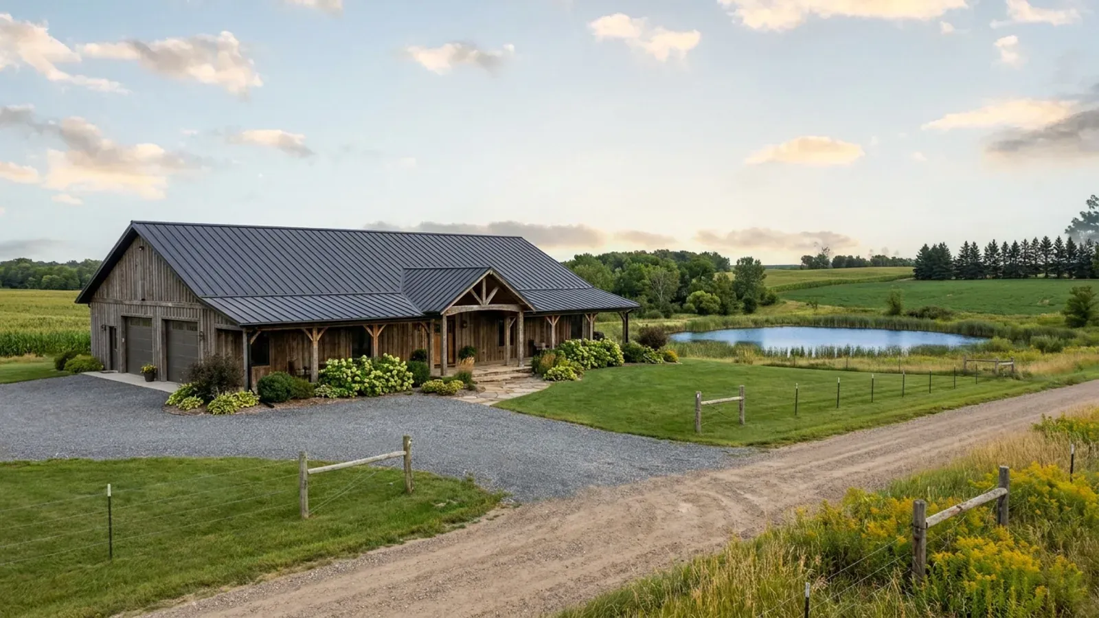 A completed single-story barndominium with a long, low roofline and no upper-level windows.