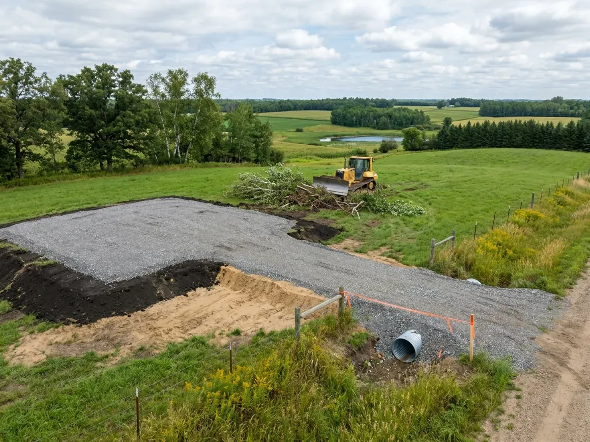 A dozer clearing brush on a rural parcel beside a compacted crushed-rock building pad, with sandy subsoil in the cut and a culvert set at the driveway entrance.