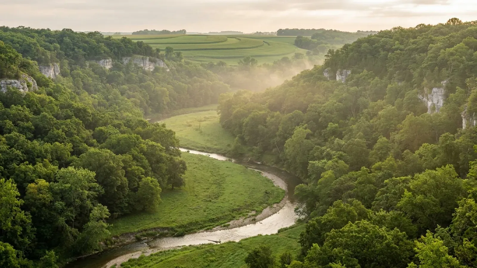 Southeast Minnesota bluff country, with steep wooded hillsides, limestone ledges, a clear stream through a valley pasture and contour-strip fields on the ridge above.